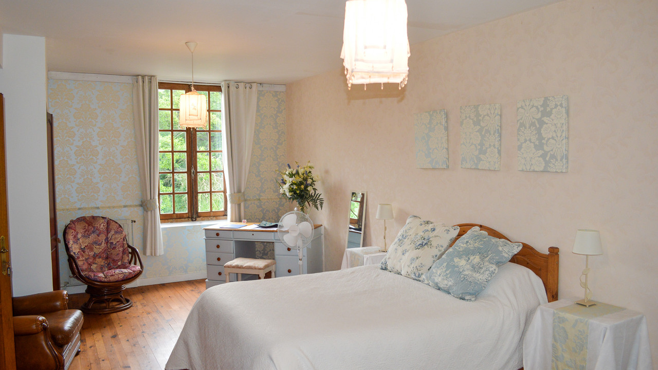 Blue Room en-suite bed and breakfast accommodation at Le Moulin St Blaise watermill, Loire Valley